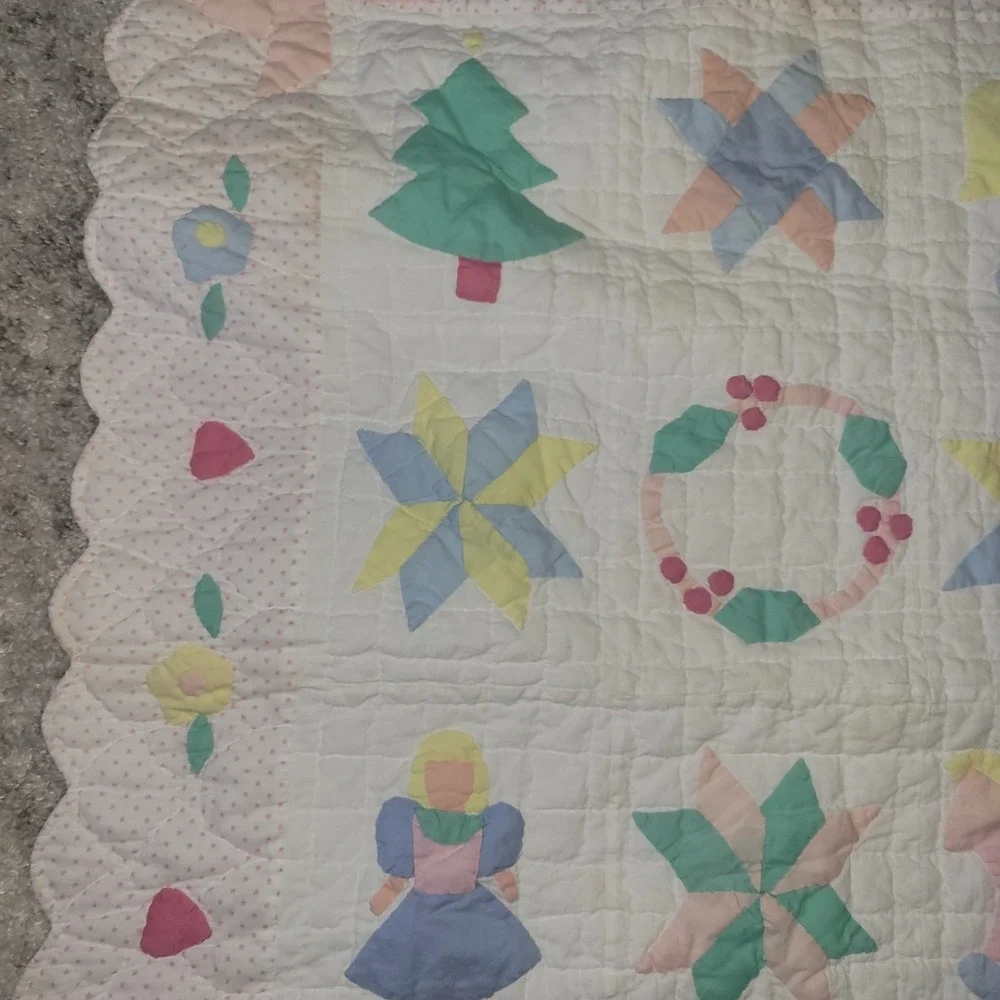 Vtg Handmade Amish Baby Quilt Blanket Irish Chain 8 Point Star Flower Basket